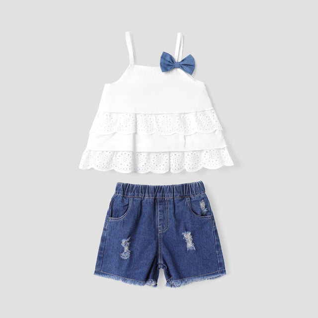 2pcs Toddler Girl Bowknot Design Schiffy Design Camisole and Ripped Denim Shorts Set - MomYom PK