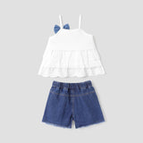 2pcs Toddler Girl Bowknot Design Schiffy Design Camisole and Ripped Denim Shorts Set - MomYom PK