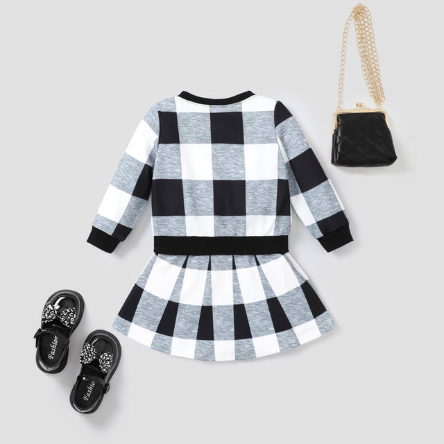 2PCS Toddler Girl Button/Secret Button Design Geometric Pattern School Dress Set - MomYom PK