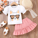 2pcs Toddler Girl Cat Pattern Puff - sleeve Top and Ruffle Solid Skirt Set - MomYom PK