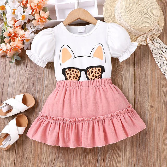 2pcs Toddler Girl Cat Pattern Puff - sleeve Top and Ruffle Solid Skirt Set - MomYom PK