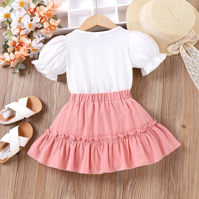 2pcs Toddler Girl Cat Pattern Puff - sleeve Top and Ruffle Solid Skirt Set - MomYom PK