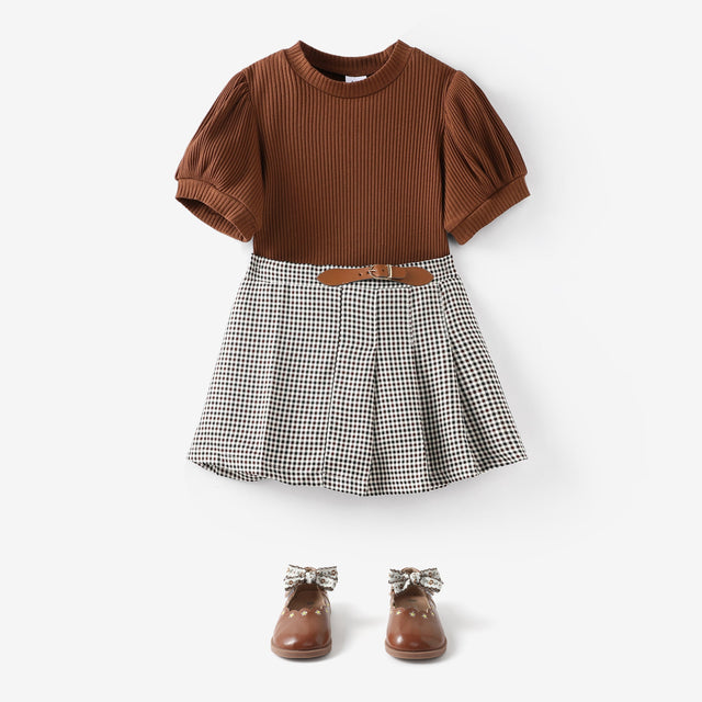 2pcs Toddler Girl Classic Puff - sleeve Tee and Houndstooth Pleated Skirt Set - MomYom PK