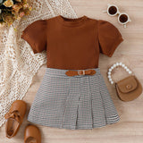 2pcs Toddler Girl Classic Puff - sleeve Tee and Houndstooth Pleated Skirt Set - MomYom PK