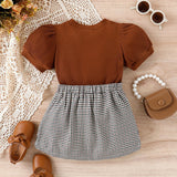 2pcs Toddler Girl Classic Puff - sleeve Tee and Houndstooth Pleated Skirt Set - MomYom PK