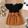 2pcs Toddler Girl Cotton Ribbed Flutter - sleeve Tee and Button Design Belted Skirt Set - MomYom PK