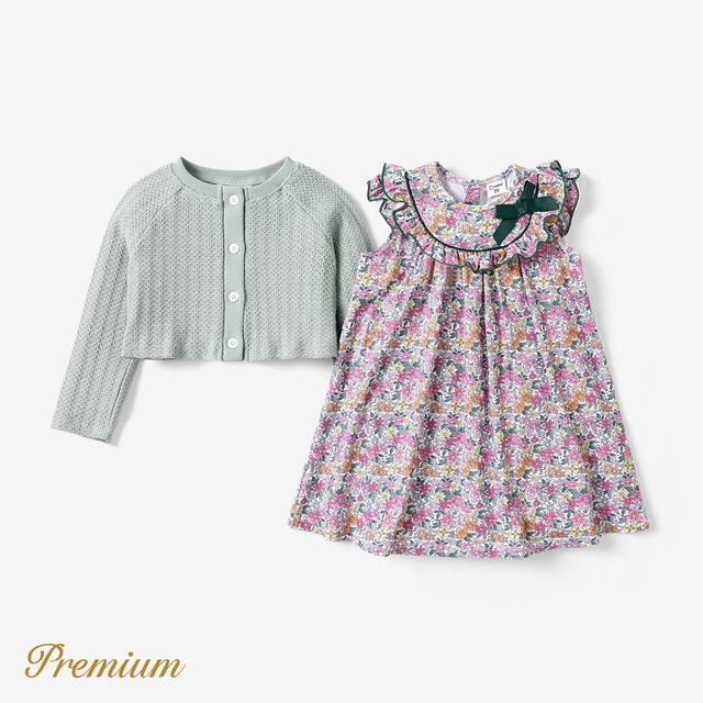 2pcs Toddler Girl Elegant Dress with Ruffle Edge and Broken Flower Pattern - MomYom PK