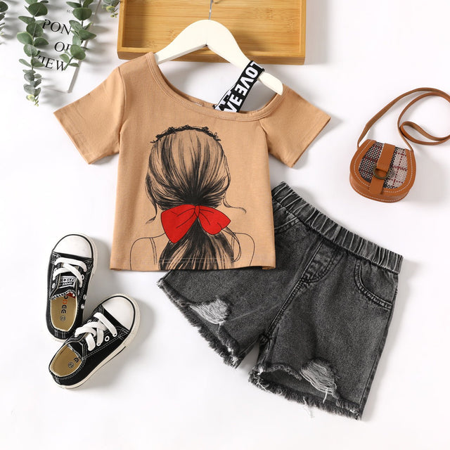 2pcs Toddler Girl Figure Print One - Shoulder Tee and Ripped Denim Shorts Set - MomYom PK