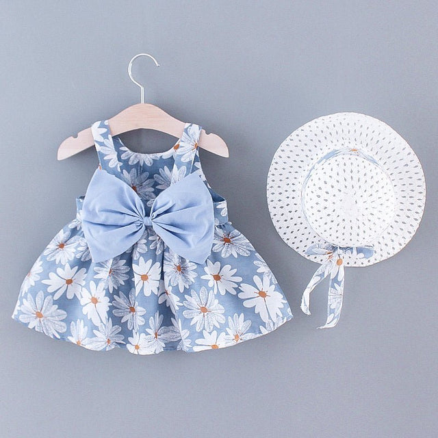 2pcs Toddler Girl Floral Print Bowknot Design Strap Dress and Straw Hat Set - MomYom PK