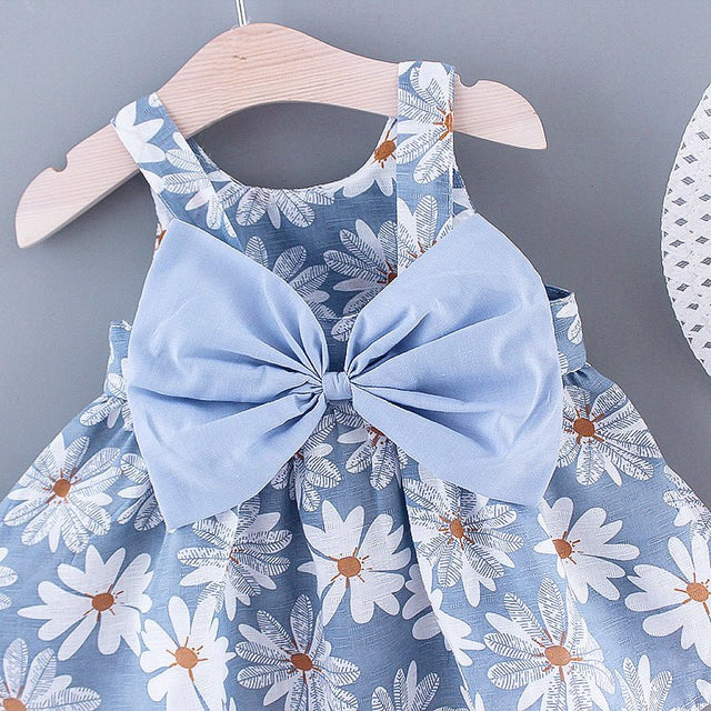 2pcs Toddler Girl Floral Print Bowknot Design Strap Dress and Straw Hat Set - MomYom PK