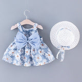 2pcs Toddler Girl Floral Print Bowknot Design Strap Dress and Straw Hat Set - MomYom PK