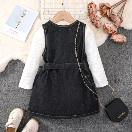 2pcs Toddler Girl Long - sleeve Ribbed White Tee and Button Design Belted Denim Dress Set - MomYom PK