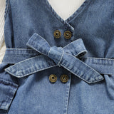 2pcs Toddler Girl Long - sleeve Ribbed White Tee and Button Design Belted Denim Dress Set - MomYom PK