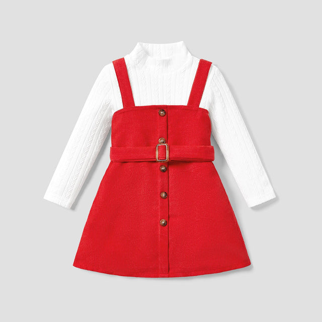 2pcs Toddler Girl Mock Neck Textured White Tee and Button Design Belted Red Overall Dress Set - MomYom PK