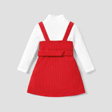 2pcs Toddler Girl Mock Neck Textured White Tee and Button Design Belted Red Overall Dress Set - MomYom PK