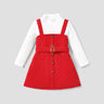 2pcs Toddler Girl Mock Neck Textured White Tee and Button Design Belted Red Overall Dress Set - MomYom PK