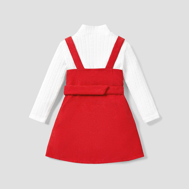 2pcs Toddler Girl Mock Neck Textured White Tee and Button Design Belted Red Overall Dress Set - MomYom PK