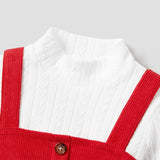 2pcs Toddler Girl Mock Neck Textured White Tee and Button Design Belted Red Overall Dress Set - MomYom PK