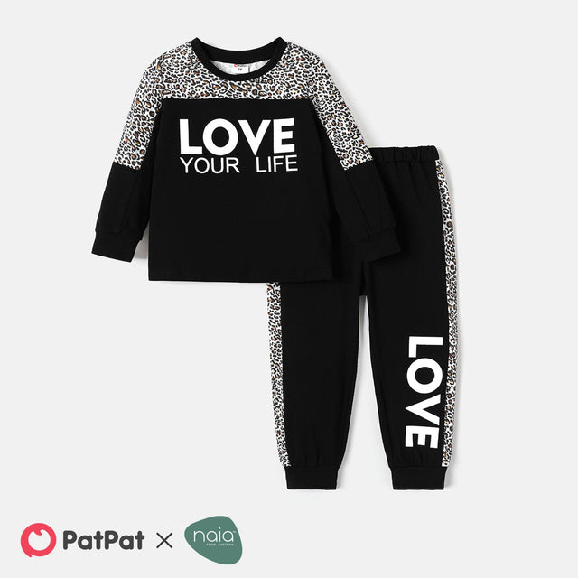 2pcs Toddler Girl Naia Letter Leopard Print Sweatshirt and Pants Set - MomYom PK