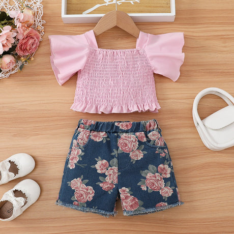 2pcs Toddler Girl Pink Smocked Top and 100% Cotton Floral Rose Print Denim Shorts Set - MomYom PK