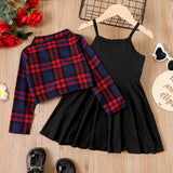 2pcs Toddler Girl Plaid Knot Hem Long - sleeve Shirt and Solid Skirt Set - MomYom PK