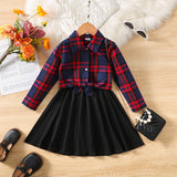 2pcs Toddler Girl Plaid Knot Hem Long - sleeve Shirt and Solid Skirt Set - MomYom PK