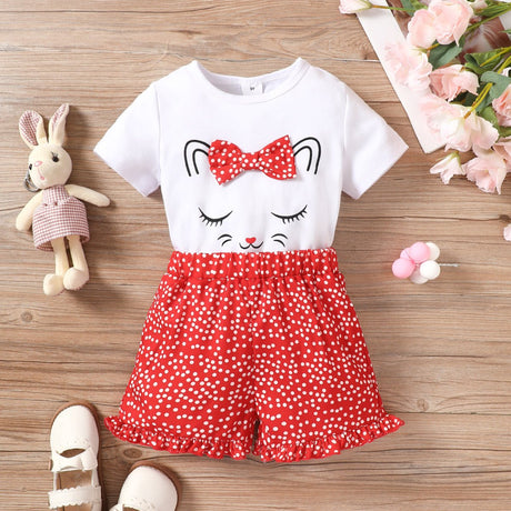 2pcs Toddler Girl Playful Bow Decor Cat Print Tee and Dots Pattern Shorts Set - MomYom PK