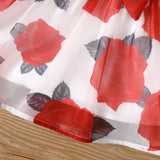 2pcs Toddler Girl Red Ruffled Cami Top and Allover Floral Rose Print Belted Skirt Set - MomYom PK