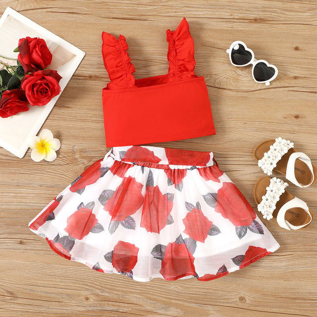 2pcs Toddler Girl Red Ruffled Cami Top and Allover Floral Rose Print Belted Skirt Set - MomYom PK