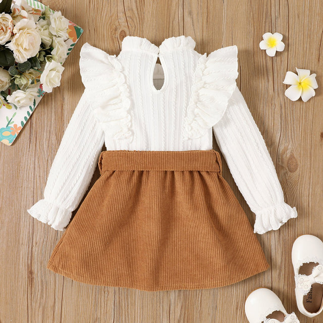 2pcs Toddler Girl Ruffle Texture Solid Long - sleeve Top and Belted Buttons Skirt Set - MomYom PK