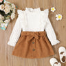 2pcs Toddler Girl Ruffle Texture Solid Long - sleeve Top and Belted Buttons Skirt Set - MomYom PK