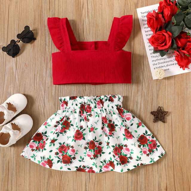 2pcs Toddler Girl Ruffled Camisole and Floral Print Skirt Set - MomYom PK