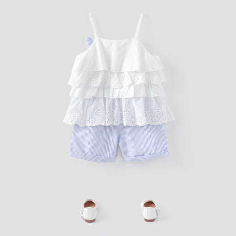 2pcs Toddler Girl Sweet 100% Cotton Bowknot Design Layered Camisole and Stripe Shorts Set - MomYom PK