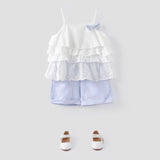 2pcs Toddler Girl Sweet 100% Cotton Bowknot Design Layered Camisole and Stripe Shorts Set - MomYom PK