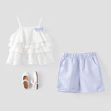 2pcs Toddler Girl Sweet 100% Cotton Bowknot Design Layered Camisole and Stripe Shorts Set - MomYom PK