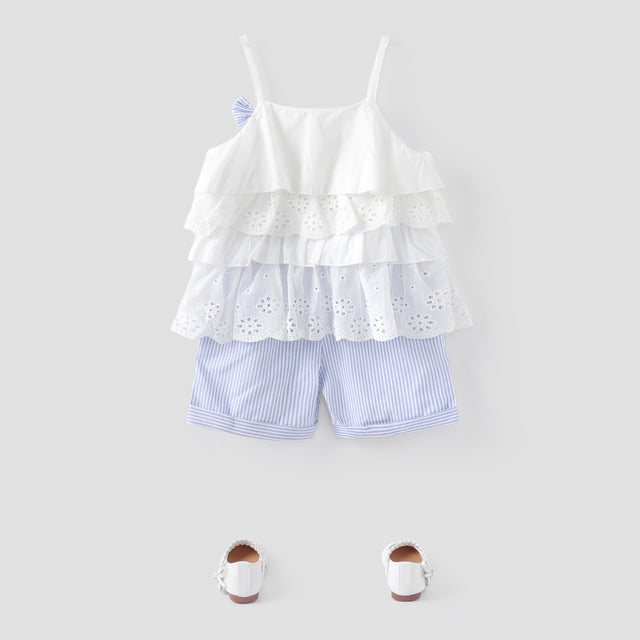 2pcs Toddler Girl Sweet 100% Cotton Bowknot Design Layered Camisole and Stripe Shorts Set - MomYom PK