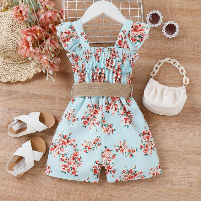 2pcs Toddler Girl Sweet Floral Print Smocked Sleeveless Rompers and Belt - MomYom PK