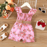 2pcs Toddler Girl Sweet Floral Print Smocked Sleeveless Rompers and Belt - MomYom PK