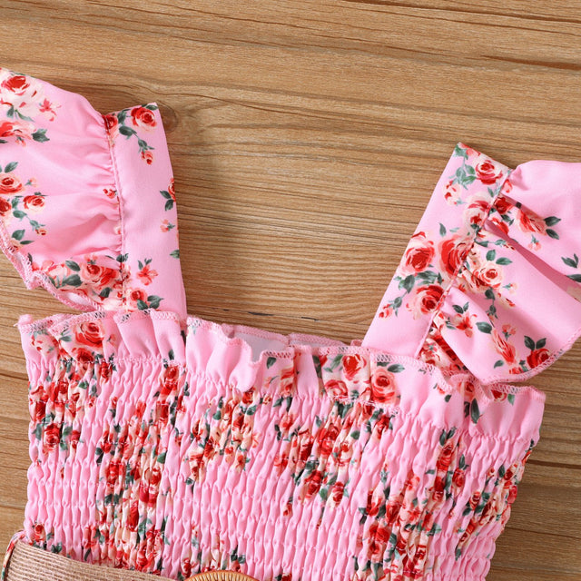 2pcs Toddler Girl Sweet Floral Print Smocked Sleeveless Rompers and Belt - MomYom PK