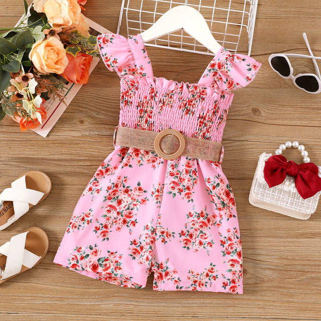 2pcs Toddler Girl Sweet Floral Print Smocked Sleeveless Rompers and Belt - MomYom PK