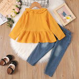 2pcs Toddler Girl Sweet Ripped Cotton Denim Jeans and Doll Collar Crepe Blouse Set - MomYom PK