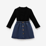 2pcs Toddler Girl Trendy Button Design Denim Skirt and Mock Neck Black Tee Set - MomYom PK