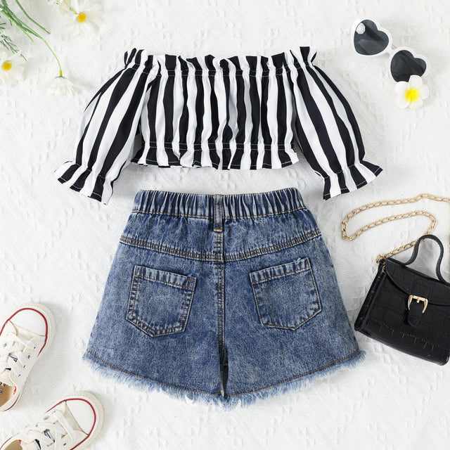 2pcs Toddler Girl Trendy Off - Shoulder Stripe Top and Ripped Denim Shorts Set - MomYom PK