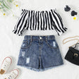 2pcs Toddler Girl Trendy Off - Shoulder Stripe Top and Ripped Denim Shorts Set - MomYom PK