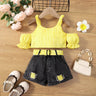 2pcs Toddler Girl Trendy Ripped Denim Shorts and Cold Shoulder Plaid Camisole Set - MomYom PK