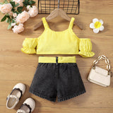 2pcs Toddler Girl Trendy Ripped Denim Shorts and Cold Shoulder Plaid Camisole Set - MomYom PK