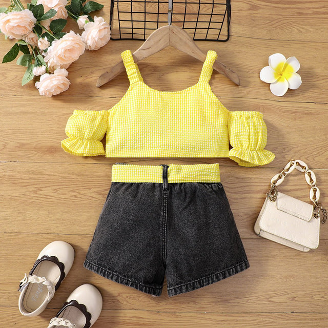 2pcs Toddler Girl Trendy Ripped Denim Shorts and Cold Shoulder Plaid Camisole Set - MomYom PK