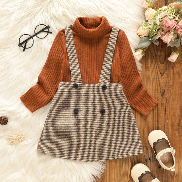 2pcs Toddler Girl Turtleneck Ribbed Long - sleeve Tee and Button Design Plaid Suspender Skirt Set - MomYom PK