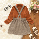 2pcs Toddler Girl Turtleneck Ribbed Long - sleeve Tee and Button Design Plaid Suspender Skirt Set - MomYom PK