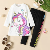 2pcs Toddler Girl Unicorn Print Long - sleeve White Tee and Letter Print Black Leggings Set - MomYom PK